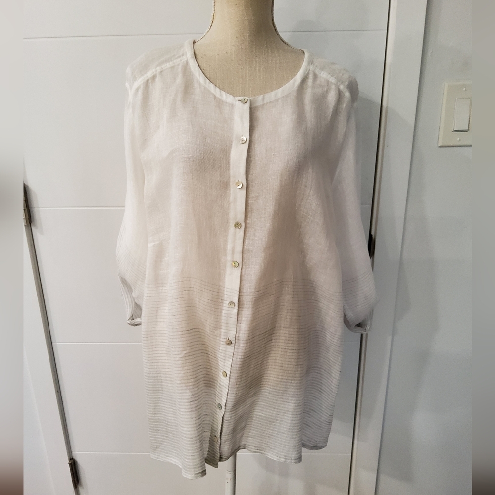 Eileen Fisher Linen White Silver Striped Button-Up Blouse Size 2X